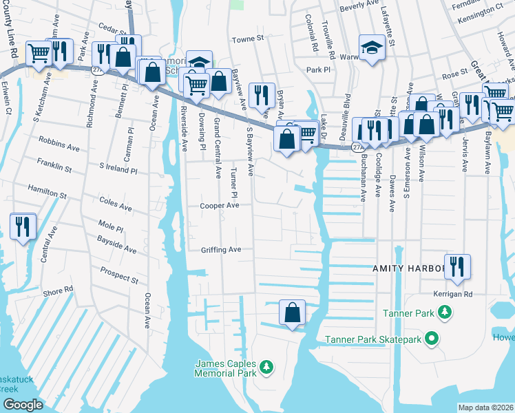 map of restaurants, bars, coffee shops, grocery stores, and more near 118 South Bayview Avenue in Amityville