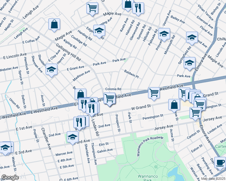map of restaurants, bars, coffee shops, grocery stores, and more near 902 Colonia Road in Elizabeth