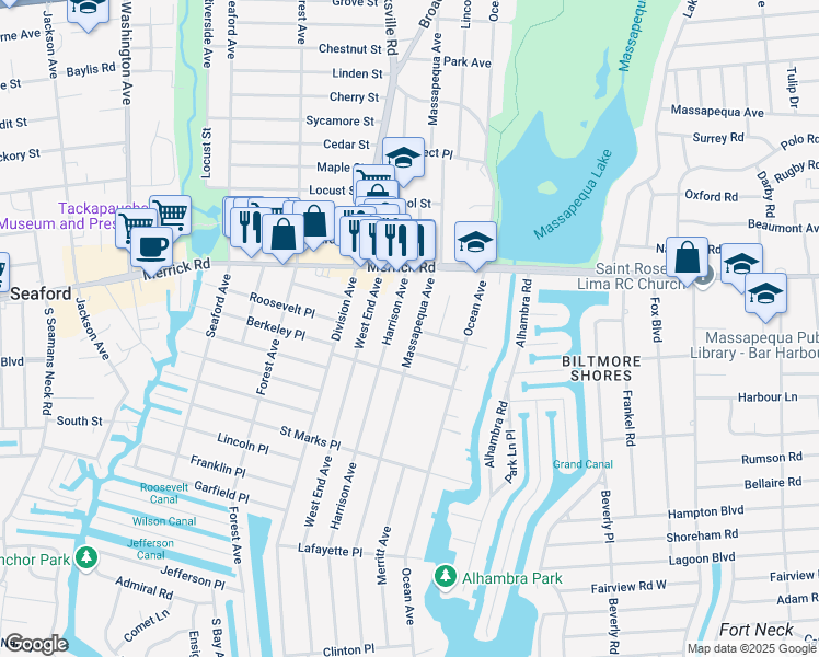map of restaurants, bars, coffee shops, grocery stores, and more near 140 Massapequa Avenue in Massapequa