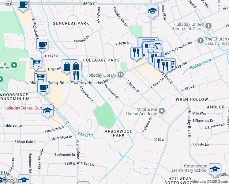 map of restaurants, bars, coffee shops, grocery stores, and more near 4825 Viewmont Street in Salt Lake City