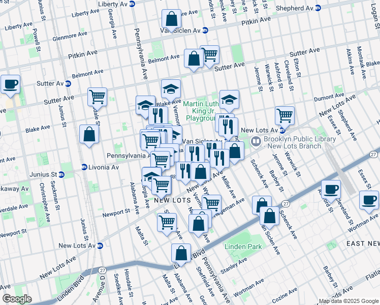 map of restaurants, bars, coffee shops, grocery stores, and more near 674 Livonia Avenue in Brooklyn
