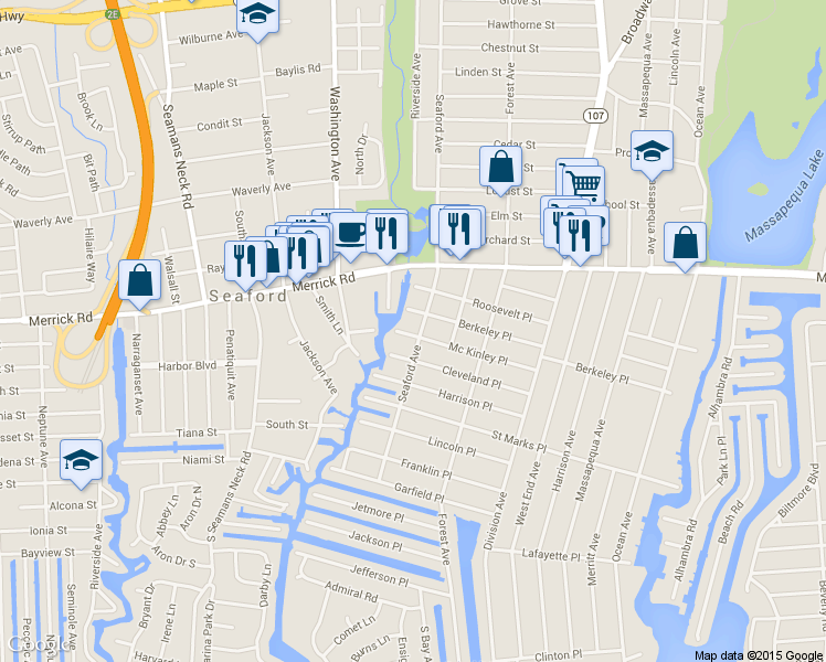 map of restaurants, bars, coffee shops, grocery stores, and more near 3 McKinley Place in Massapequa