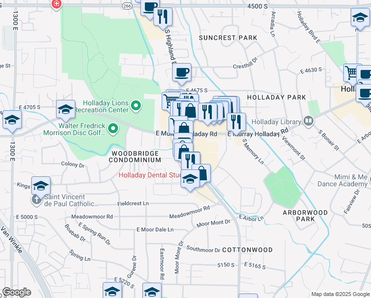 map of restaurants, bars, coffee shops, grocery stores, and more near 4824 South Highland Drive in Holladay