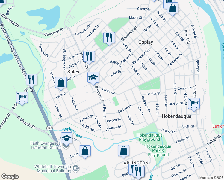 map of restaurants, bars, coffee shops, grocery stores, and more near 34 South 12th Street in Coplay