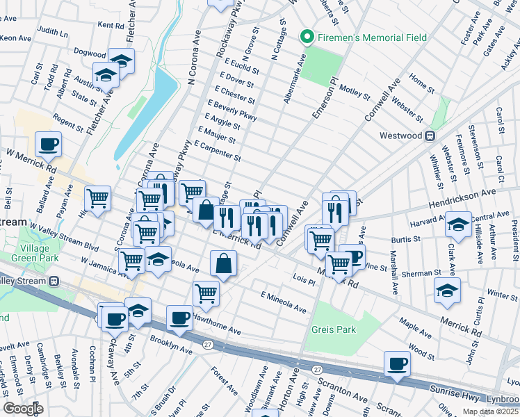 map of restaurants, bars, coffee shops, grocery stores, and more near 135 East Oxford Street in Valley Stream