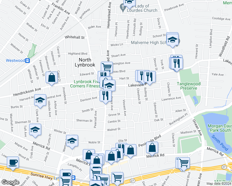 map of restaurants, bars, coffee shops, grocery stores, and more near 49 Davison Avenue in Lynbrook