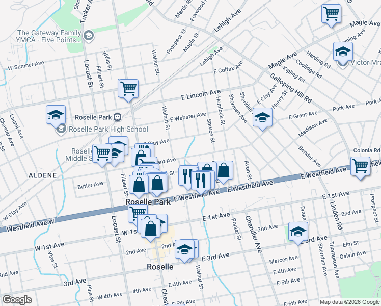 map of restaurants, bars, coffee shops, grocery stores, and more near 133 East Grant Avenue in Roselle Park