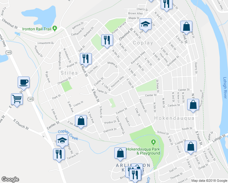 map of restaurants, bars, coffee shops, grocery stores, and more near 1125 Center Street in Coplay
