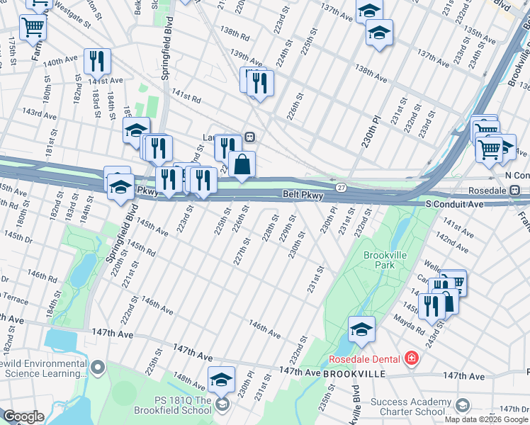 map of restaurants, bars, coffee shops, grocery stores, and more near 22 143rd Road in Queens