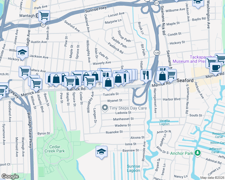 map of restaurants, bars, coffee shops, grocery stores, and more near 3570 Merrick Road in Seaford