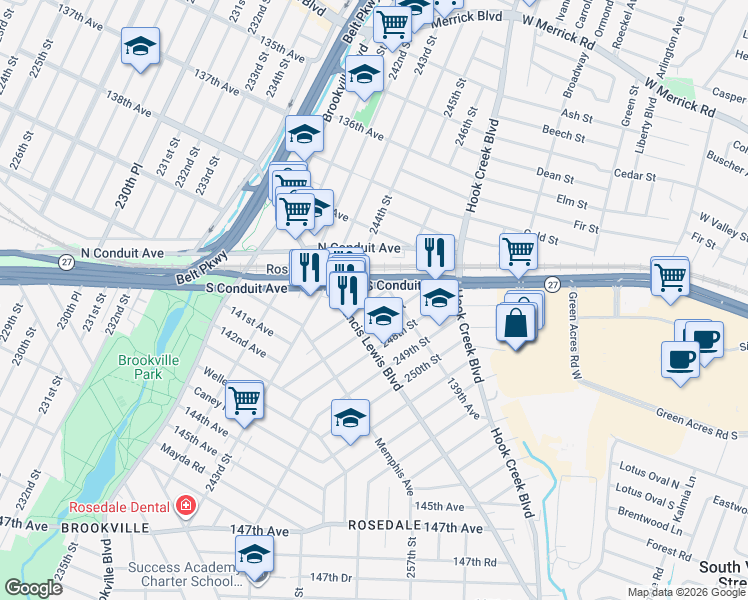 map of restaurants, bars, coffee shops, grocery stores, and more near 139-33 245th Street in Queens