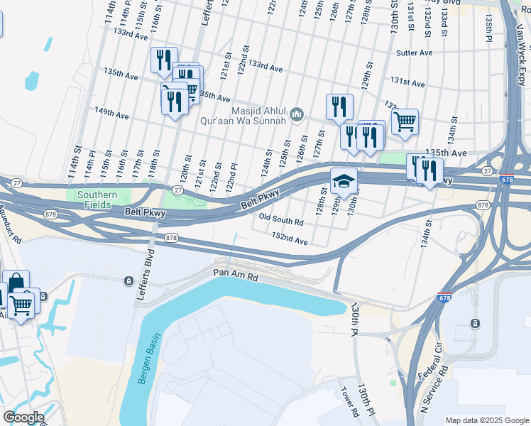 map of restaurants, bars, coffee shops, grocery stores, and more near 124-20 South Conduit Avenue in Queens