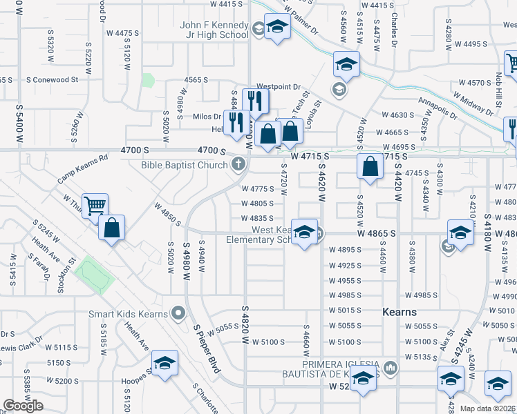 map of restaurants, bars, coffee shops, grocery stores, and more near 4785 West 4805 South in Kearns