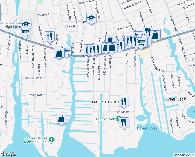map of restaurants, bars, coffee shops, grocery stores, and more near 34 Dawes Avenue in Amityville
