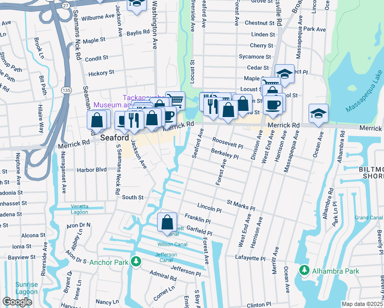 map of restaurants, bars, coffee shops, grocery stores, and more near 3 McKinley Place in Massapequa