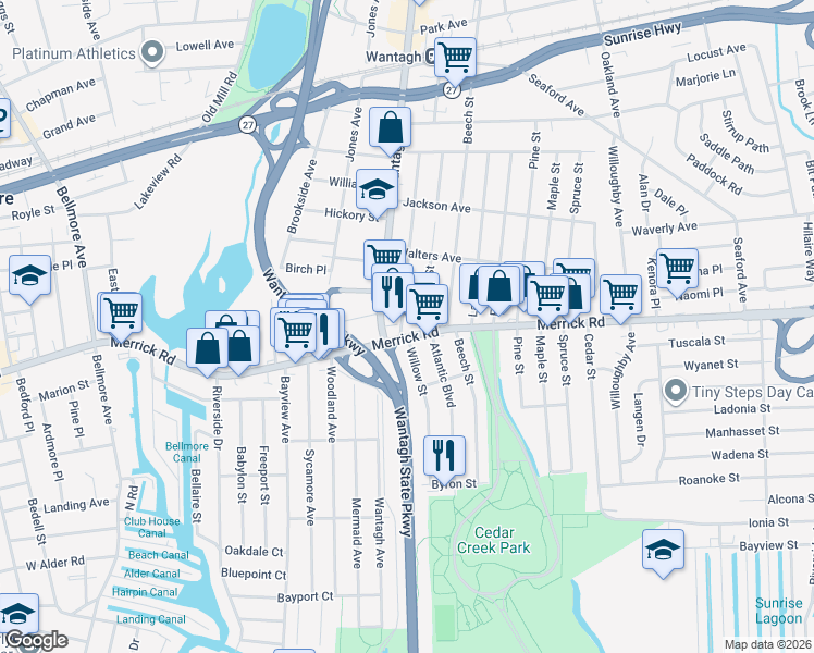 map of restaurants, bars, coffee shops, grocery stores, and more near 2257 Wantagh Avenue in Wantagh