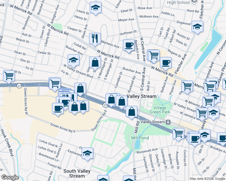 map of restaurants, bars, coffee shops, grocery stores, and more near 119 South Montgomery Street in Valley Stream