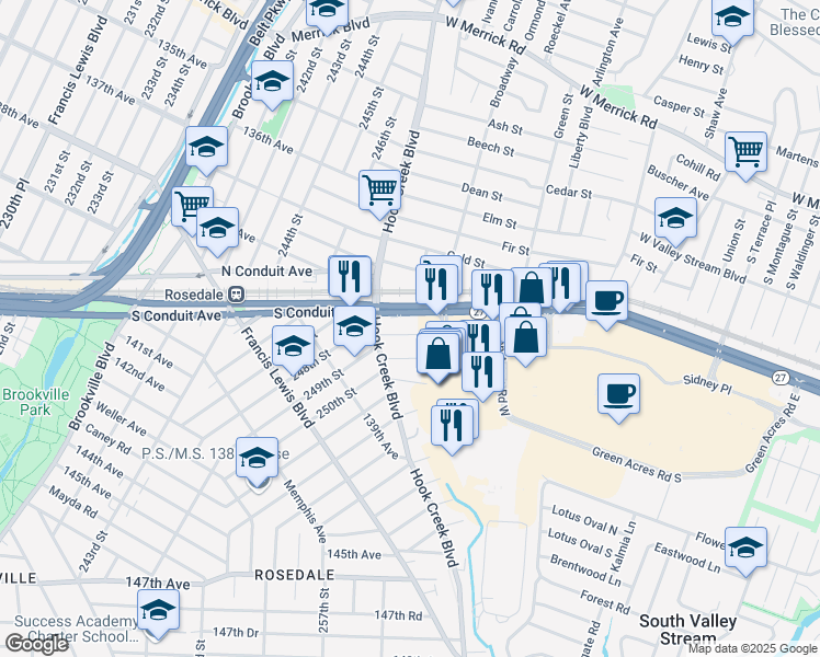 map of restaurants, bars, coffee shops, grocery stores, and more near 137-06 249th Street in Valley Stream