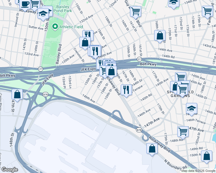 map of restaurants, bars, coffee shops, grocery stores, and more near 144-15 158th Street in Queens