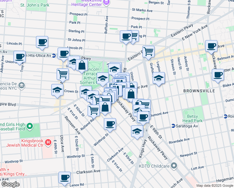 map of restaurants, bars, coffee shops, grocery stores, and more near 48 Rockaway Parkway in Brooklyn
