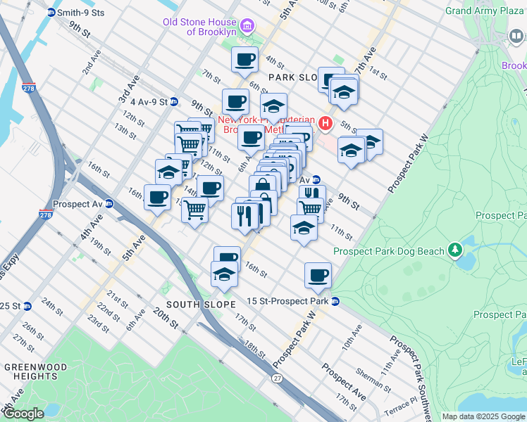 map of restaurants, bars, coffee shops, grocery stores, and more near 389 7th Avenue in Brooklyn
