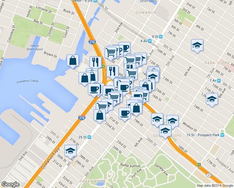 map of restaurants, bars, coffee shops, grocery stores, and more near 145 18th Street in Brooklyn