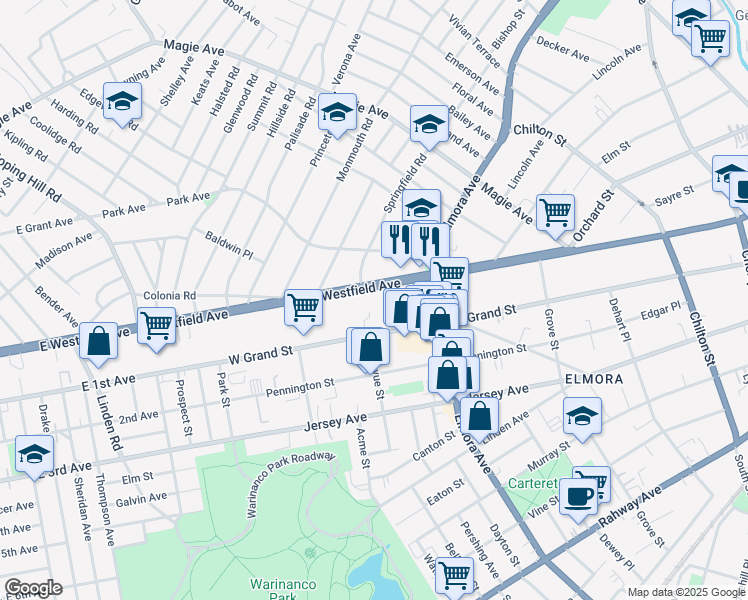 map of restaurants, bars, coffee shops, grocery stores, and more near 702 Westfield Avenue in Elizabeth