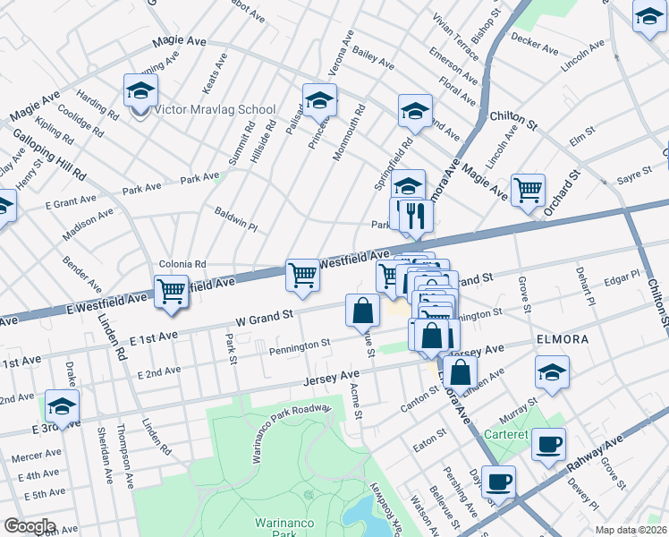 map of restaurants, bars, coffee shops, grocery stores, and more near 710 Westfield Avenue in Elizabeth