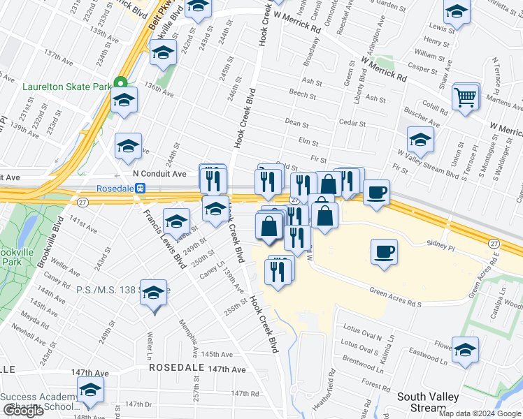 map of restaurants, bars, coffee shops, grocery stores, and more near 137-02 249th Street in Valley Stream