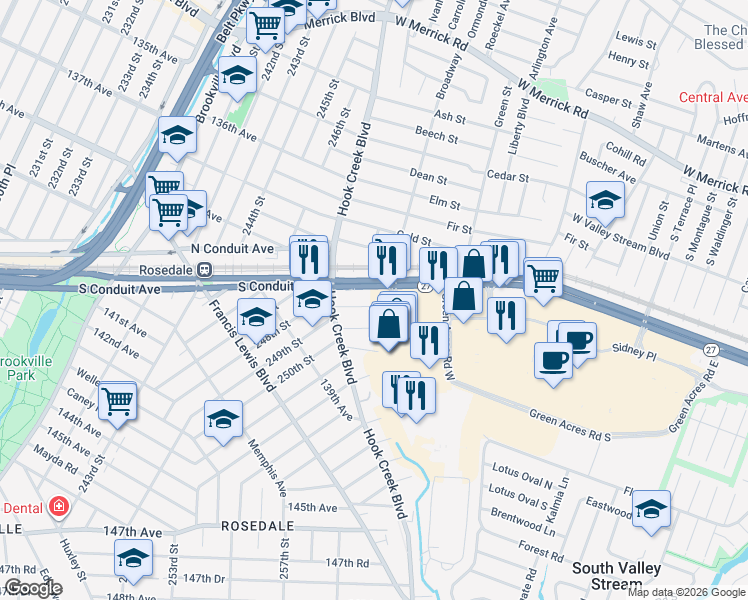 map of restaurants, bars, coffee shops, grocery stores, and more near 137-06 249th Street in Valley Stream