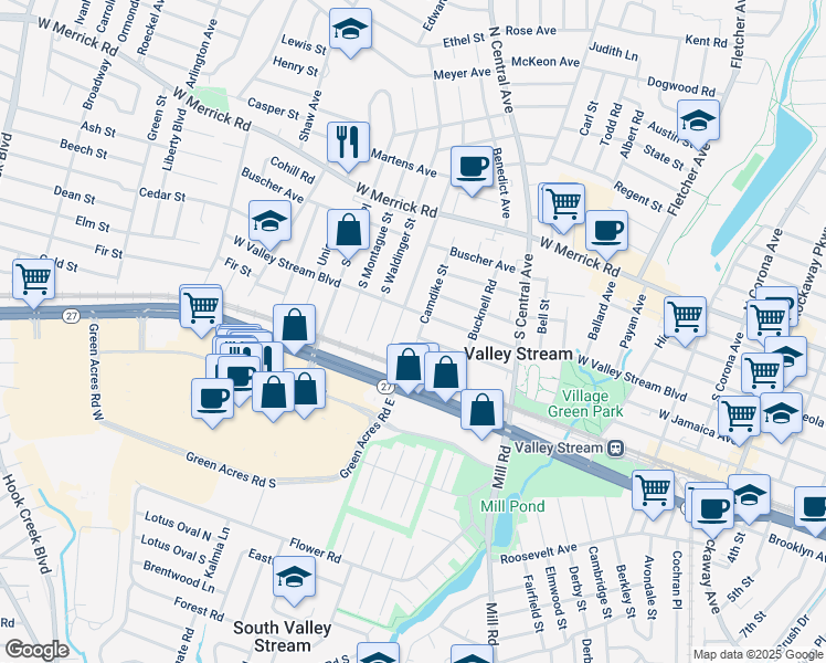 map of restaurants, bars, coffee shops, grocery stores, and more near 119 South Montgomery Street in Valley Stream