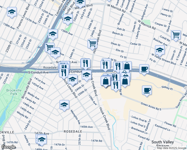 map of restaurants, bars, coffee shops, grocery stores, and more near 246-03 Hook Creek Boulevard in Queens