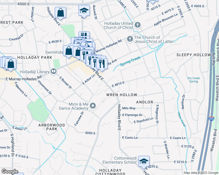 map of restaurants, bars, coffee shops, grocery stores, and more near 4822 South Holladay Boulevard in Holladay
