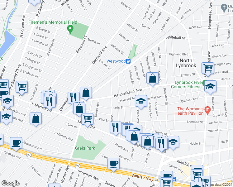 map of restaurants, bars, coffee shops, grocery stores, and more near 251 Hendrickson Avenue in Lynbrook