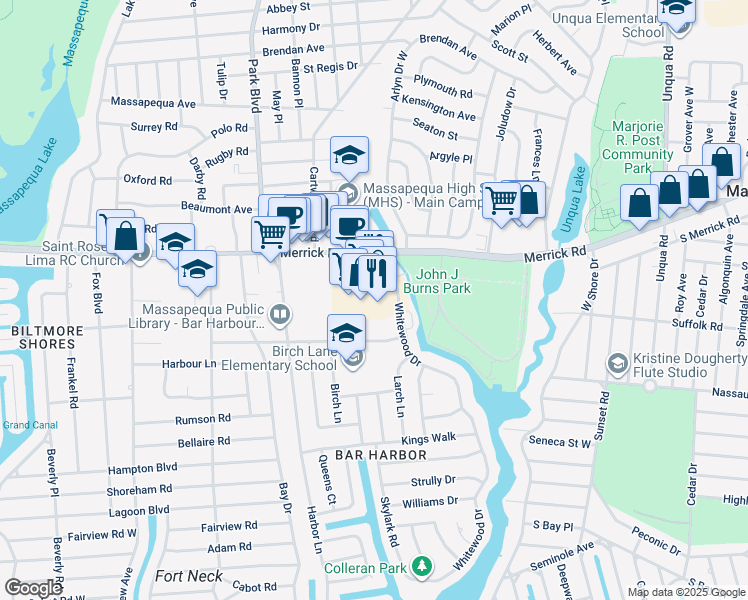 map of restaurants, bars, coffee shops, grocery stores, and more near 4940 Merrick Road in Massapequa Park
