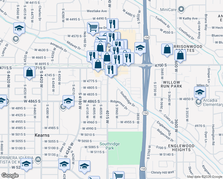 map of restaurants, bars, coffee shops, grocery stores, and more near 4801 4015 West in Taylorsville