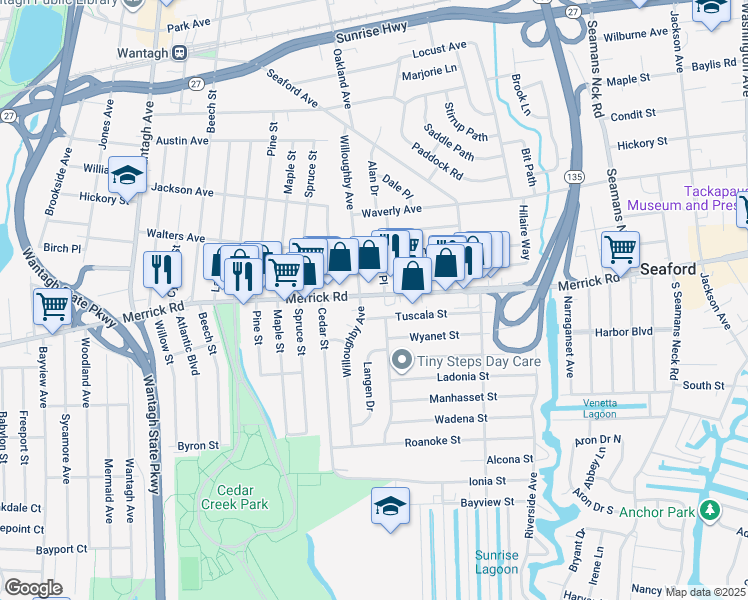 map of restaurants, bars, coffee shops, grocery stores, and more near in Seaford