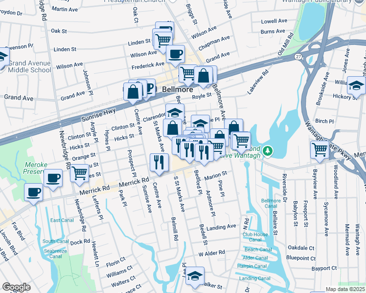 map of restaurants, bars, coffee shops, grocery stores, and more near 2386 Bedford Avenue in Bellmore