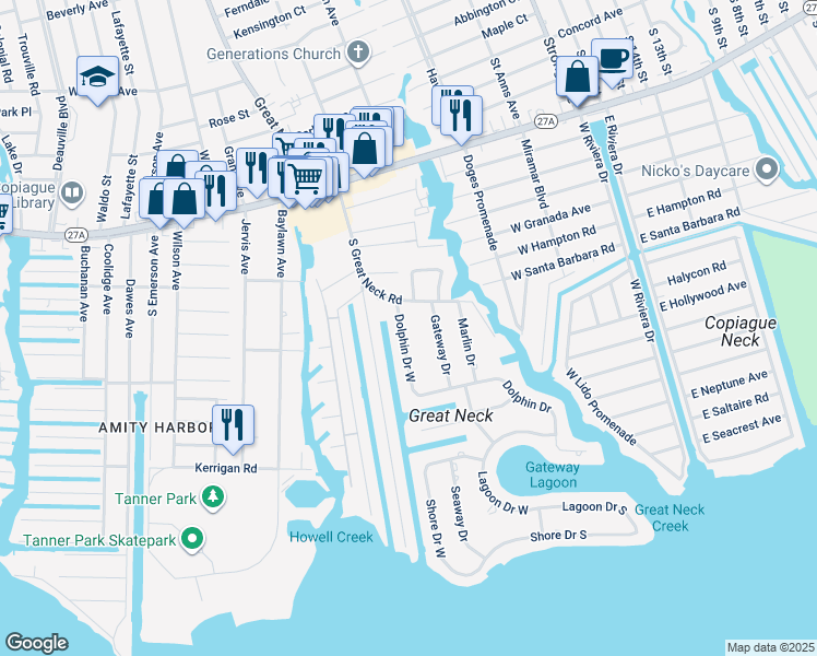 map of restaurants, bars, coffee shops, grocery stores, and more near 71/2 Dolphin Drive in Copiague