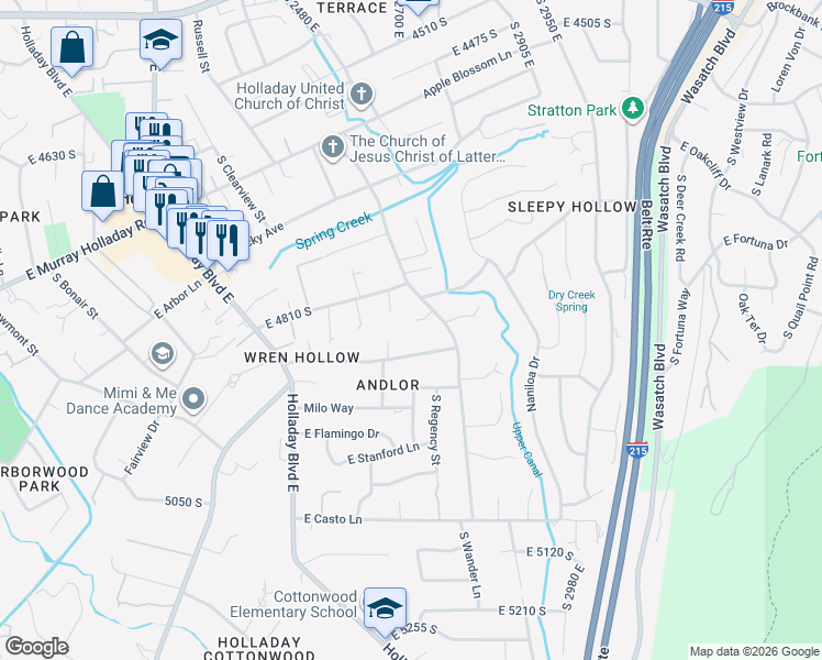 map of restaurants, bars, coffee shops, grocery stores, and more near 2726 East Blackburn Circle in Holladay