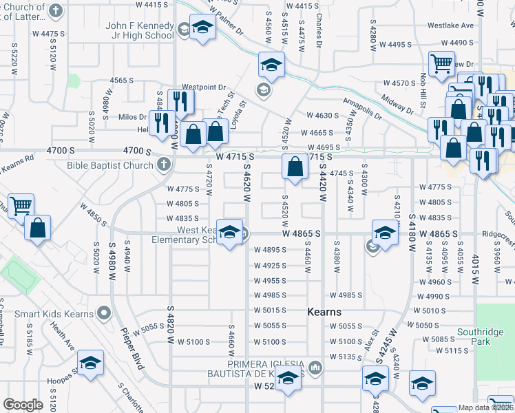 map of restaurants, bars, coffee shops, grocery stores, and more near 4810 4580 West in Kearns