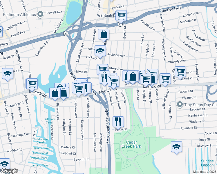 map of restaurants, bars, coffee shops, grocery stores, and more near 2257 Wantagh Avenue in Wantagh