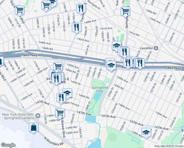 map of restaurants, bars, coffee shops, grocery stores, and more near 182-16 145th Avenue in Queens