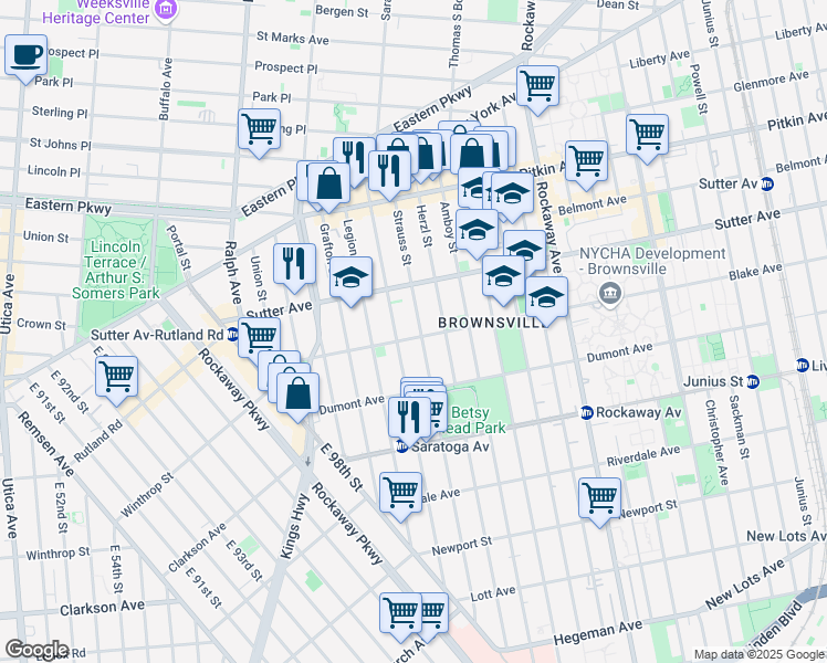 map of restaurants, bars, coffee shops, grocery stores, and more near 2010 Strauss Street in Brooklyn