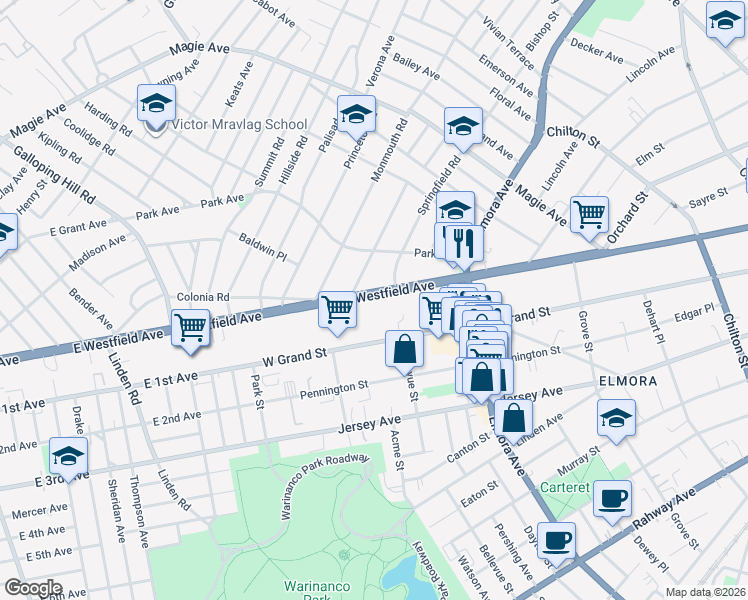 map of restaurants, bars, coffee shops, grocery stores, and more near 710 Westfield Avenue in Elizabeth