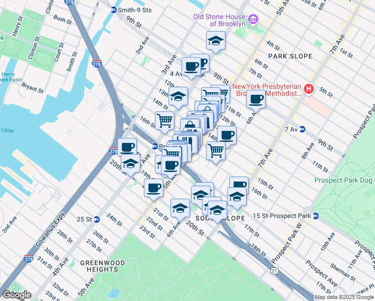 map of restaurants, bars, coffee shops, grocery stores, and more near 162 16th Street in Brooklyn
