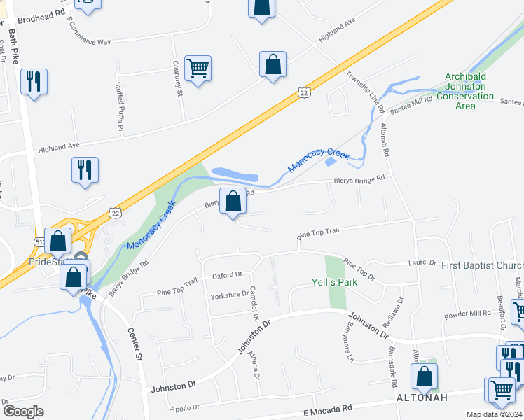map of restaurants, bars, coffee shops, grocery stores, and more near 435 North Pine Top Place in Bethlehem