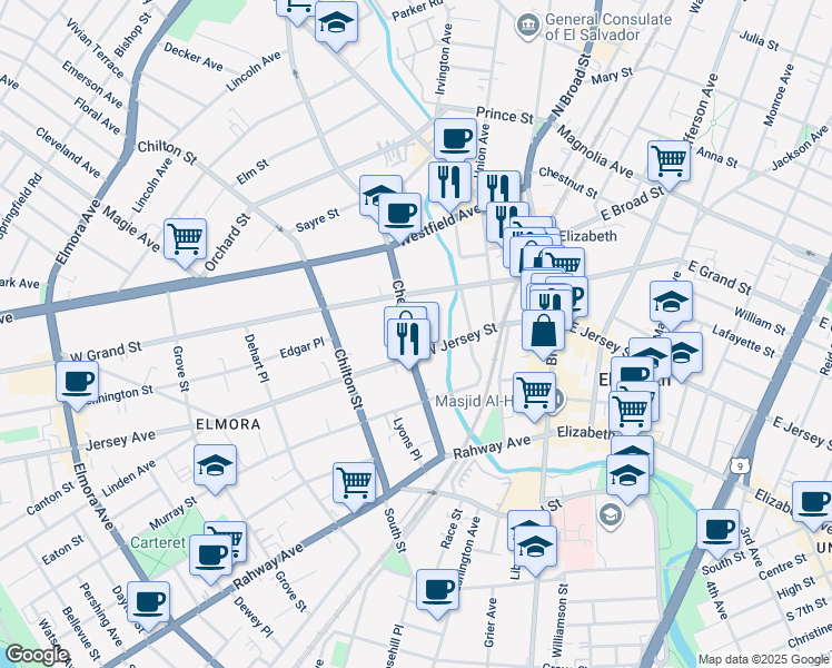 map of restaurants, bars, coffee shops, grocery stores, and more near 135 New Jersey 27 in Elizabeth