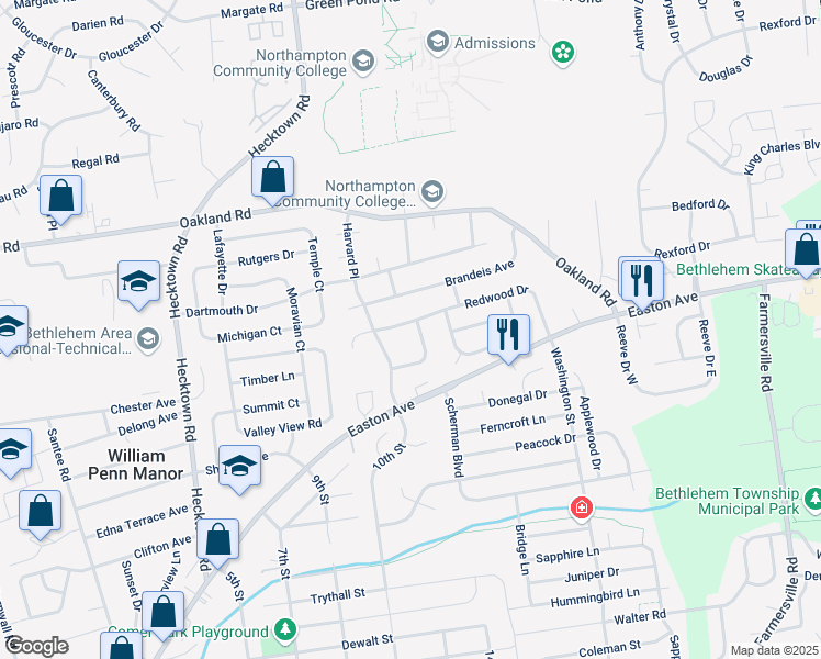 map of restaurants, bars, coffee shops, grocery stores, and more near 3895 Cypress Lane in Bethlehem