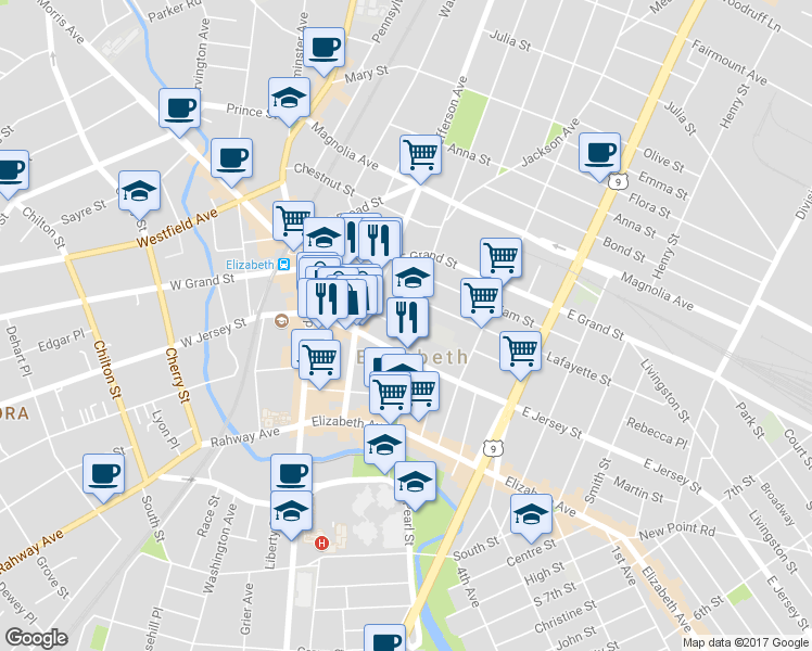 map of restaurants, bars, coffee shops, grocery stores, and more near 120 Madison Avenue in Elizabeth